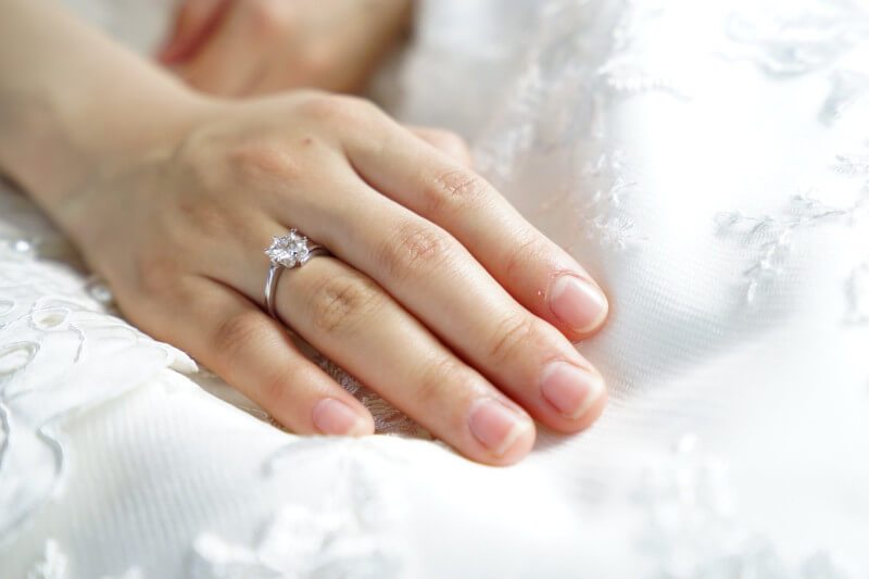 a solitaire diamond ring on a brides finger