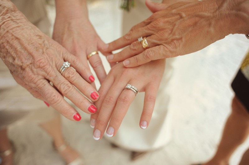 close up of old and young hands wearing wedding rings