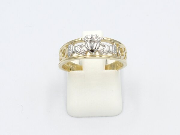 front view of a white and yellow gold claddagh ring