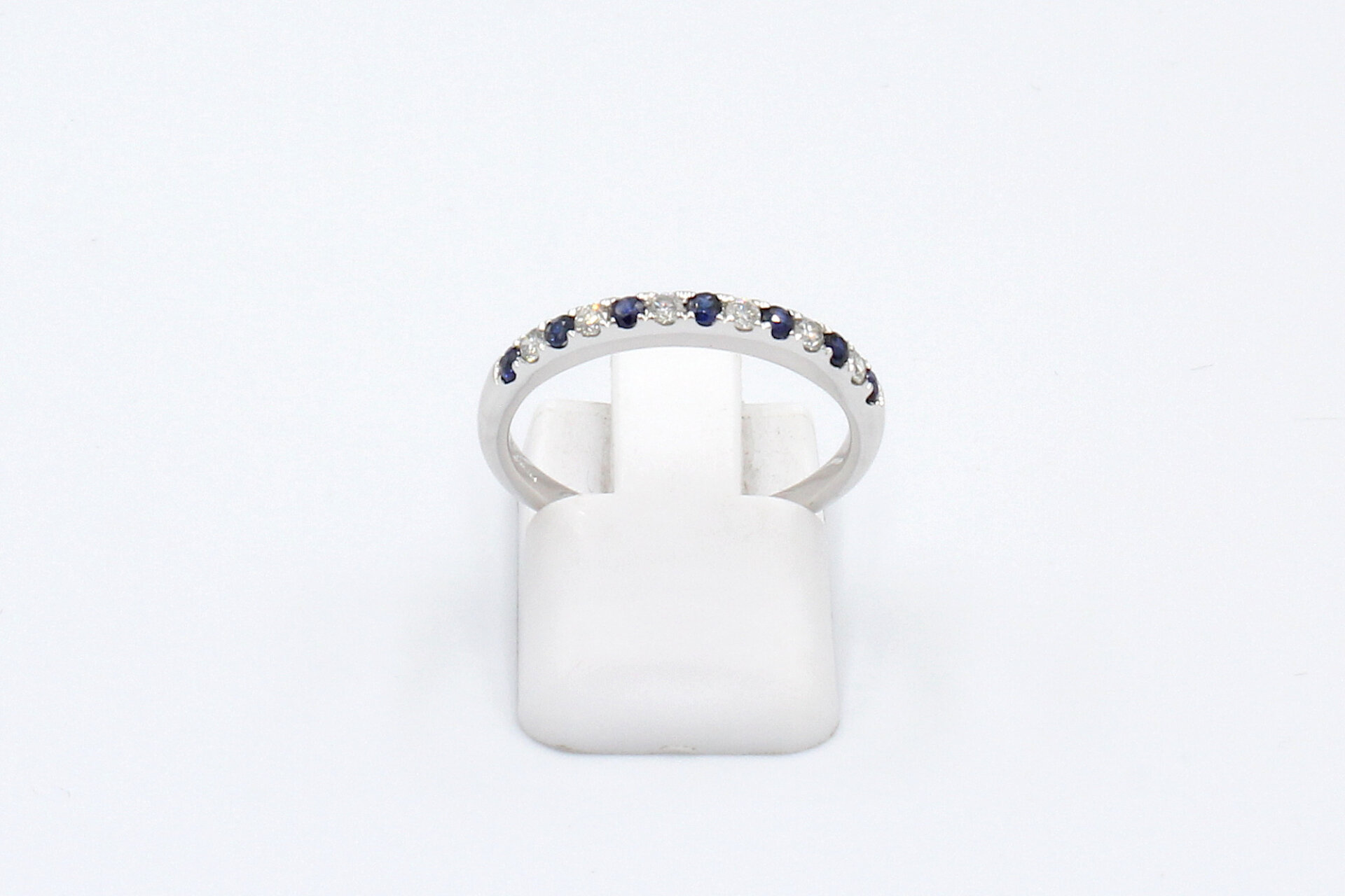 top view of a sapphire and diamond eternity ring