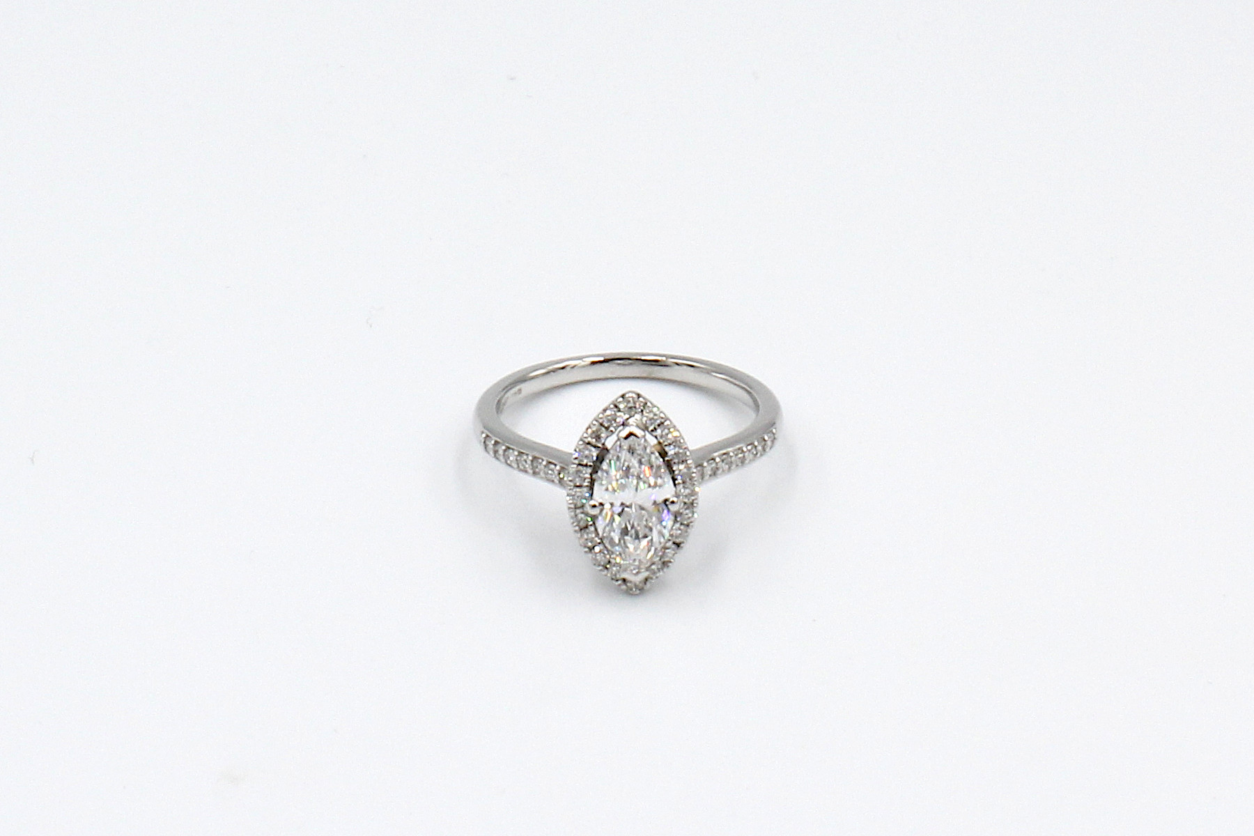 top view of a marquise halo diamond ring