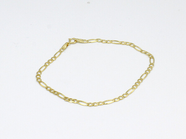 a plain gold figaro link bracelet on a white background