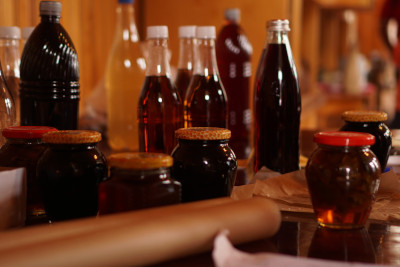homemade mead in glass bottles