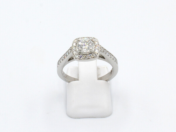 front view of a diamond halo engagement ring