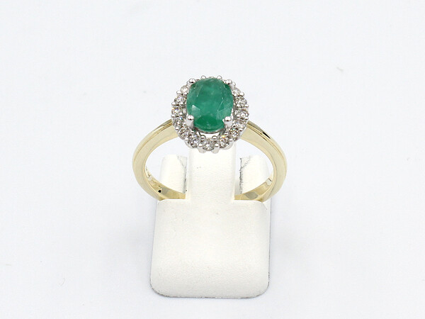 front view gold emerald diamond halo ring