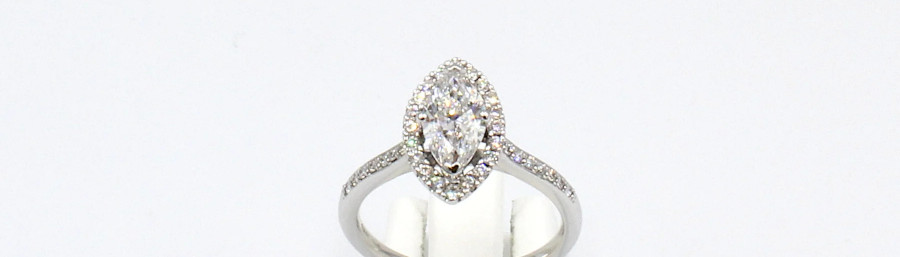 marquise cut diamond on a halo engagement ring