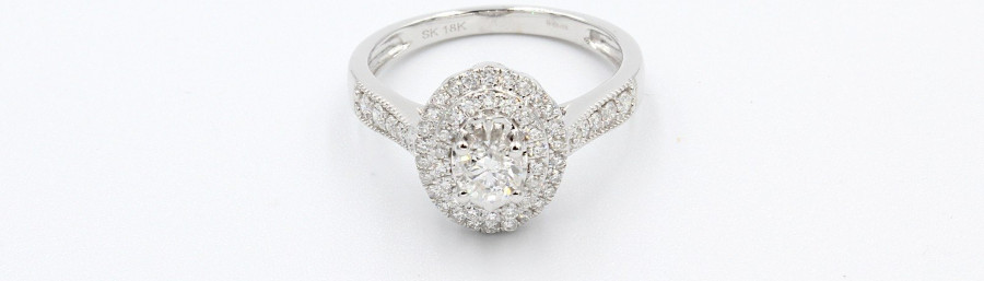 oval cut diamond on a double halo engagement ring