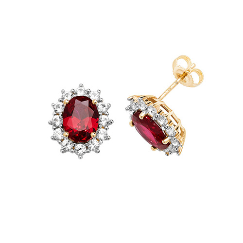 yellow gold stud earrings with ruby and white sapphire
