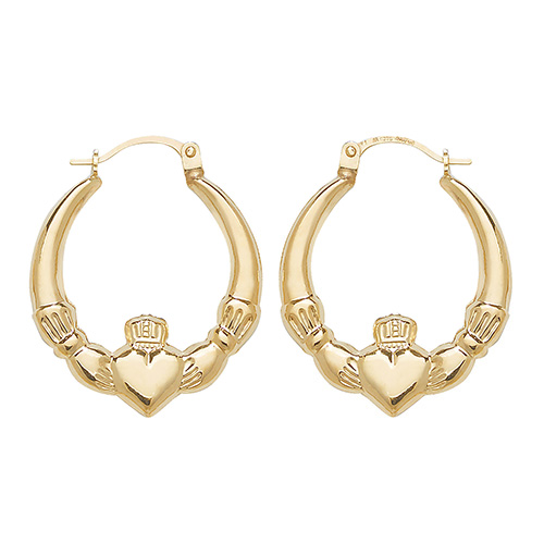 yellow gold creole earrings with claddagh design