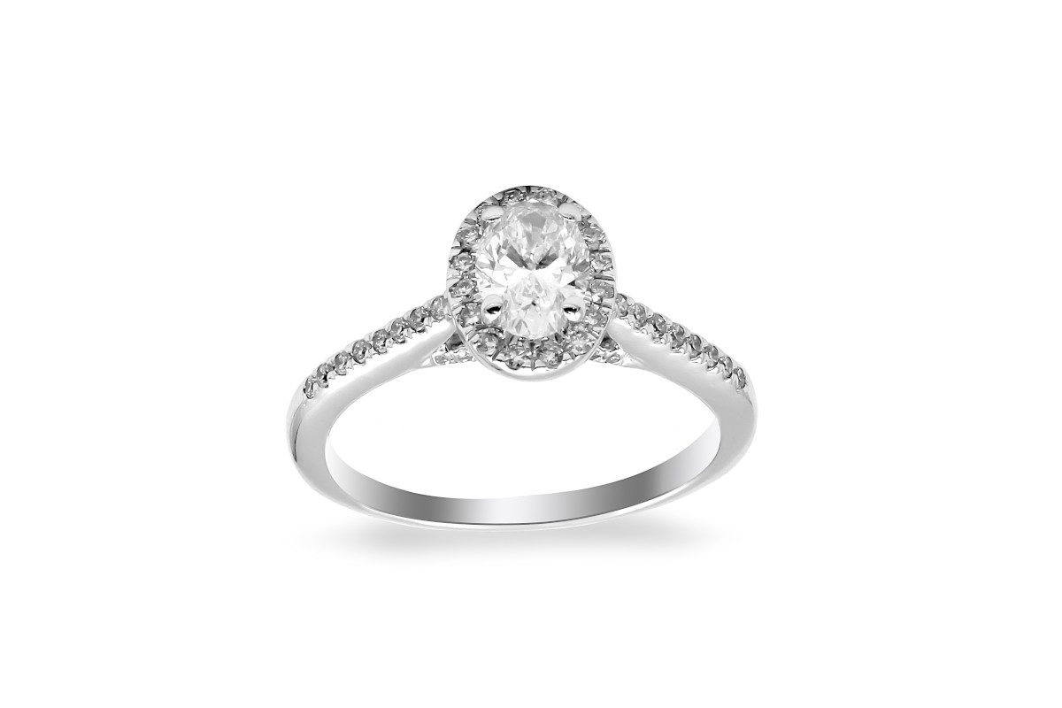 front view of a white gold diamond halo ring with diamond set shoulders
