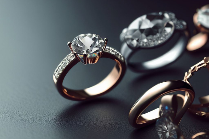 several engagement rings on a dark surface