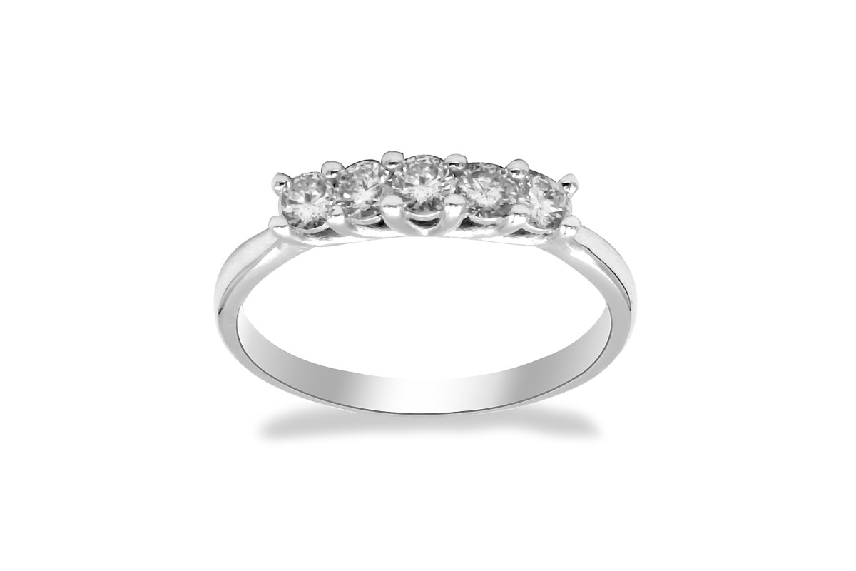 multi-diamond engagement ring with five diamonds on a white gold band