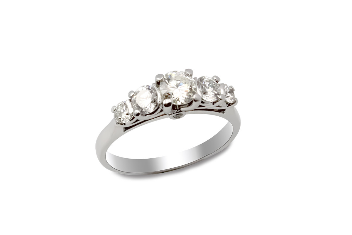 top view of a five stone diamond ring in white gold