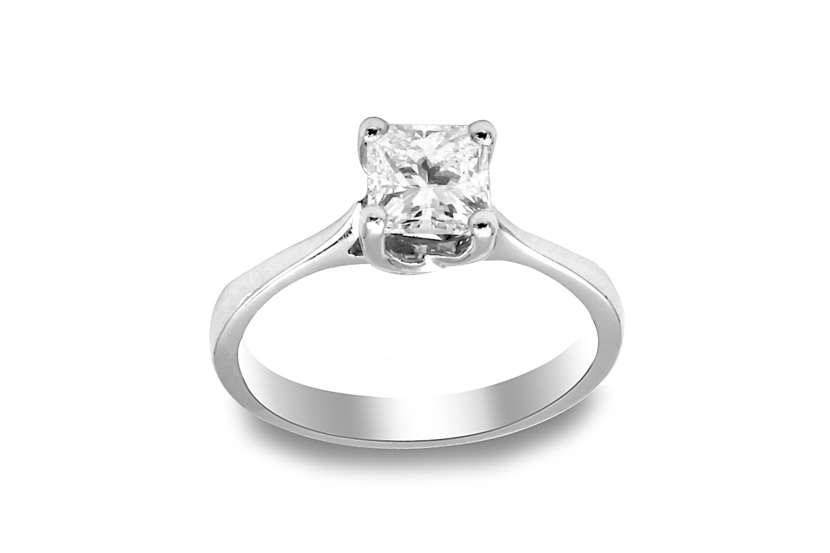 a solitaire princess cut diamond ring made from platinum