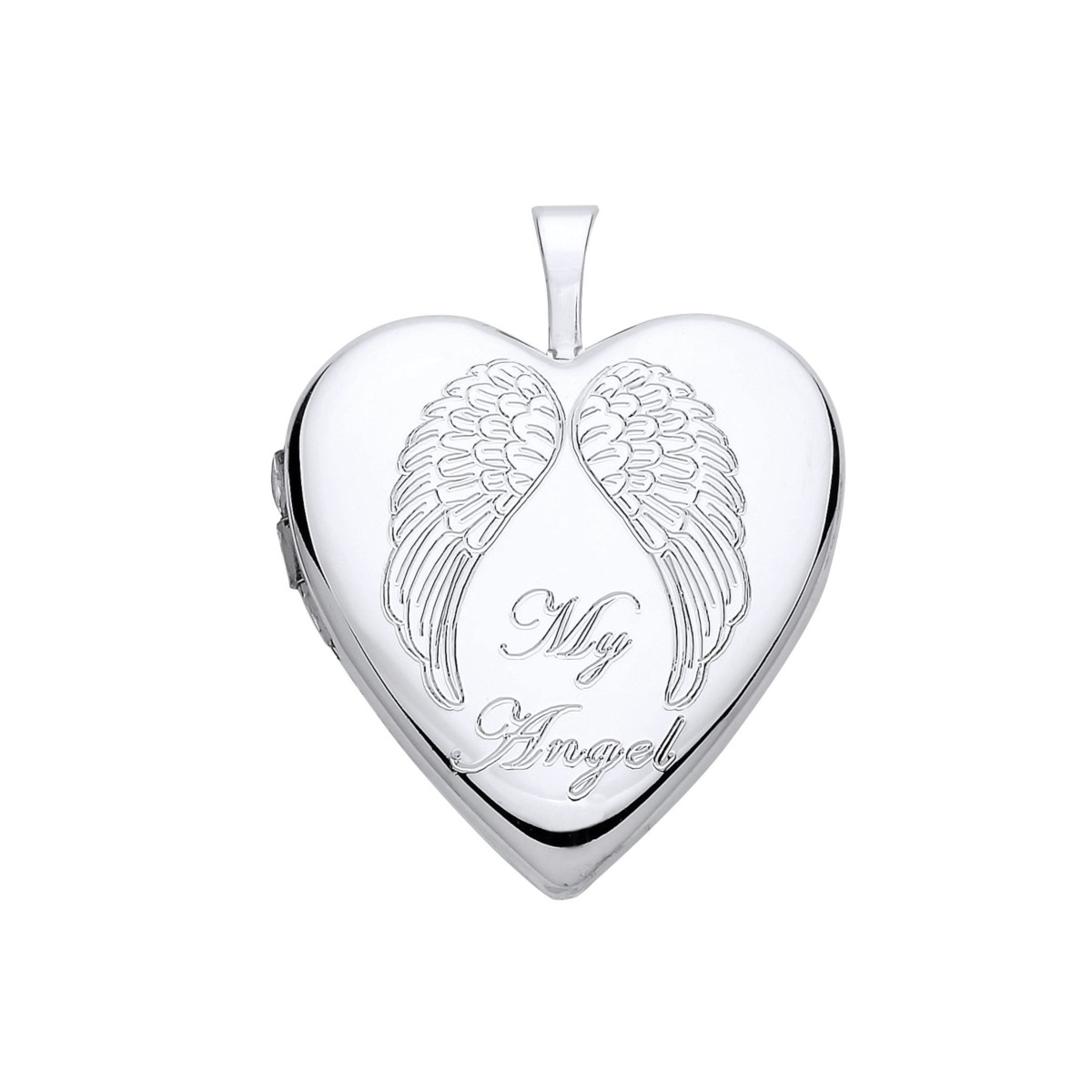 silver heart locket engraved with angel wings and text
