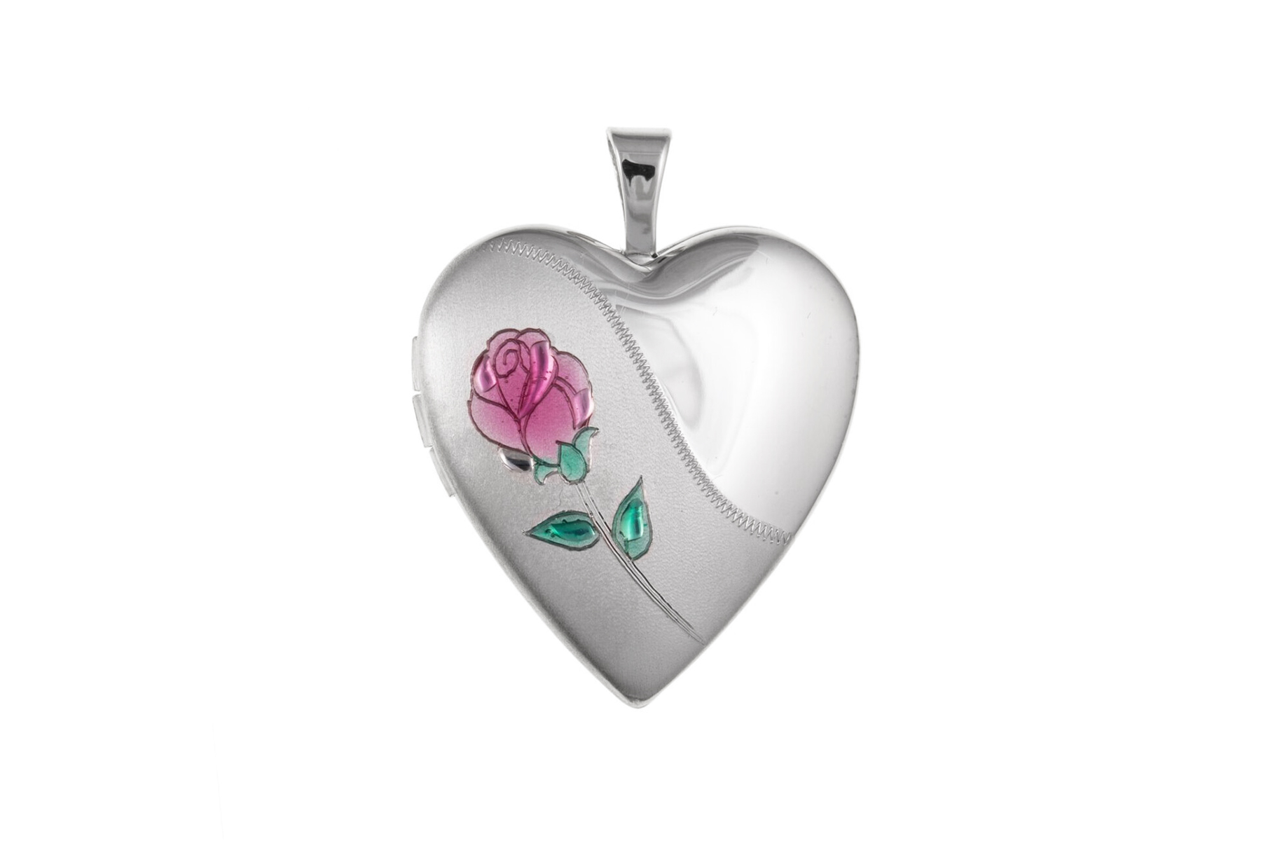 silver locket with colourful rose pattern engraving