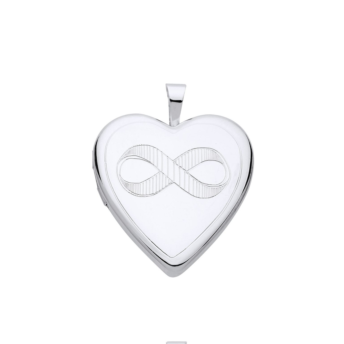 silver heart shaped locket with infinity symbol engraving