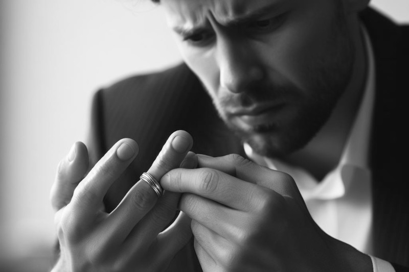 black white picture of man with tight wedding ring stuck on finger