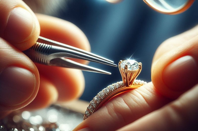 close up of jeweller setting a diamond in an engagement ring
