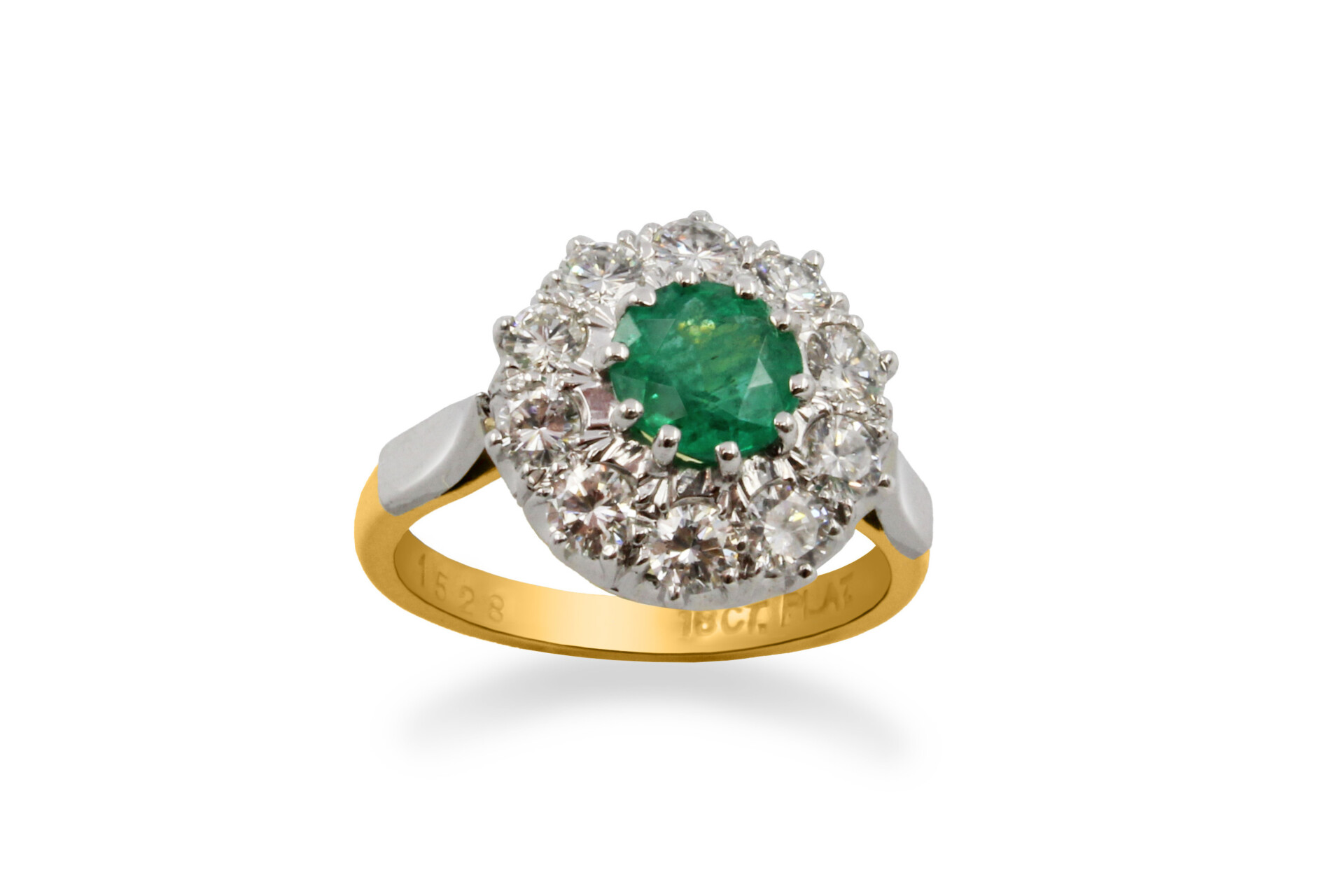 large gold diamond and emerald cluster engagement ringg