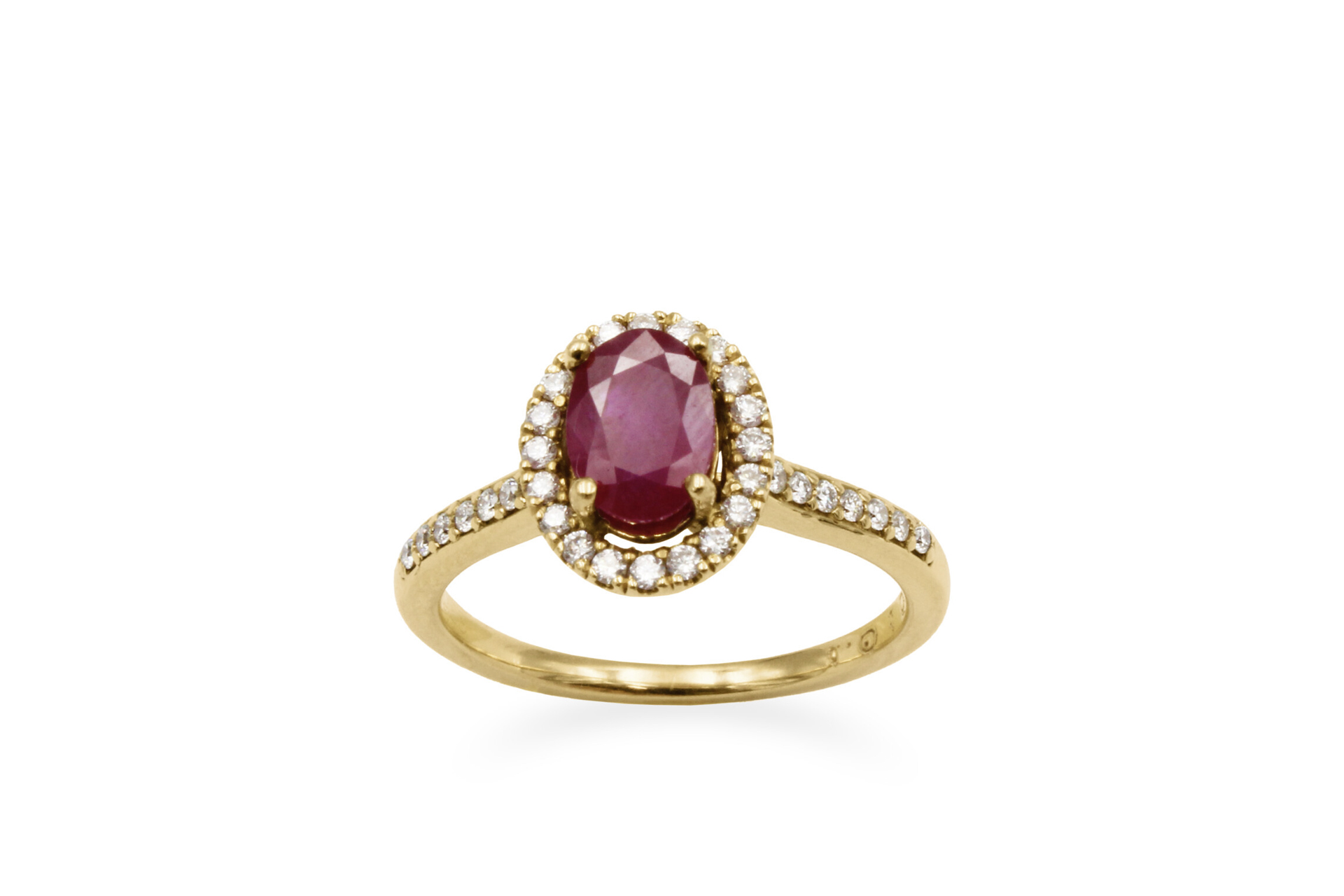 gold ruby and diamond halo engagement ring