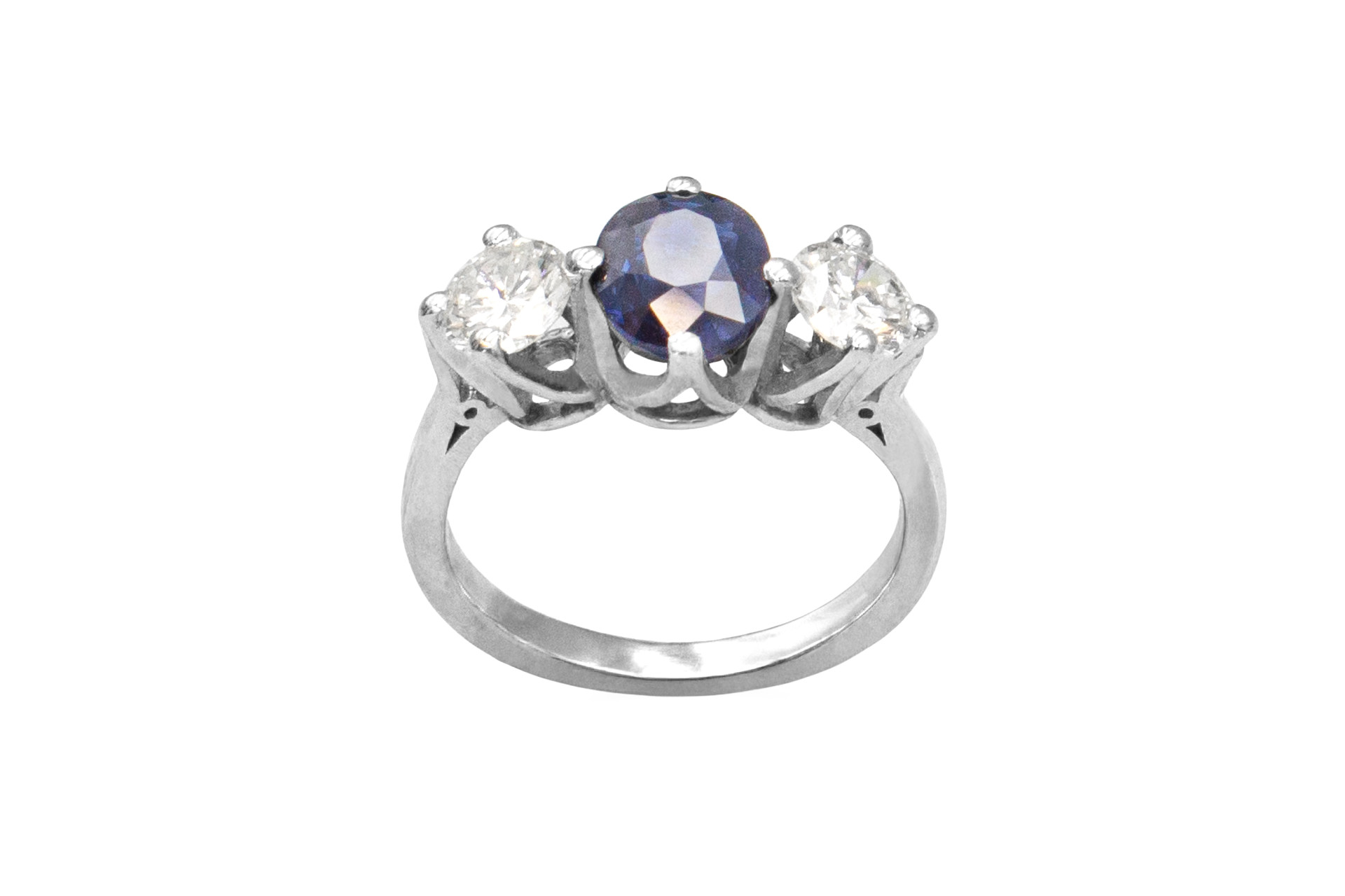 three stone white gold ring with natural sapphire and genuine diamonds