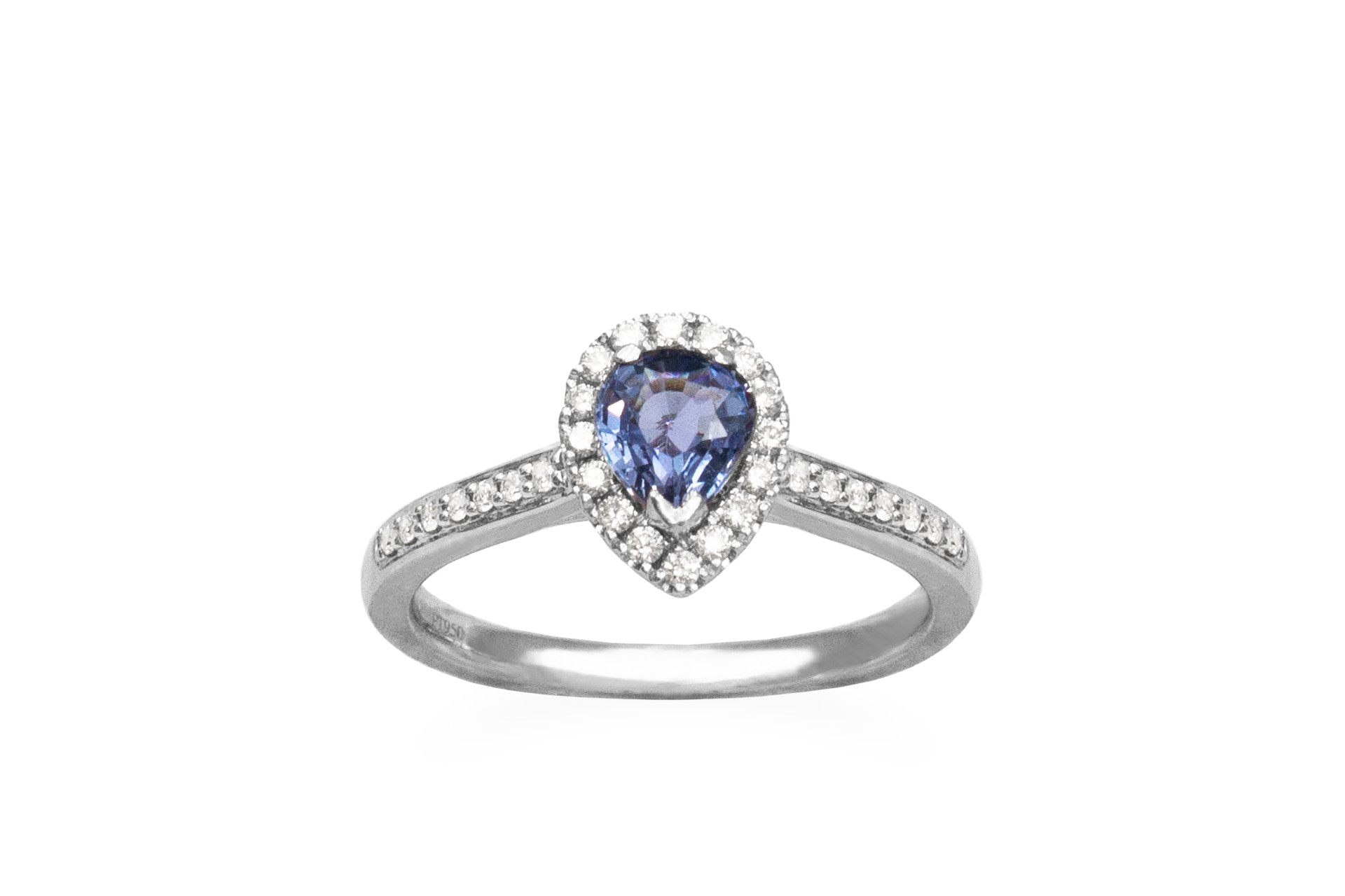 shoulder set engagement halo ring made of natural diamonds and genuine sapphire platinum pear shape blue sapphire