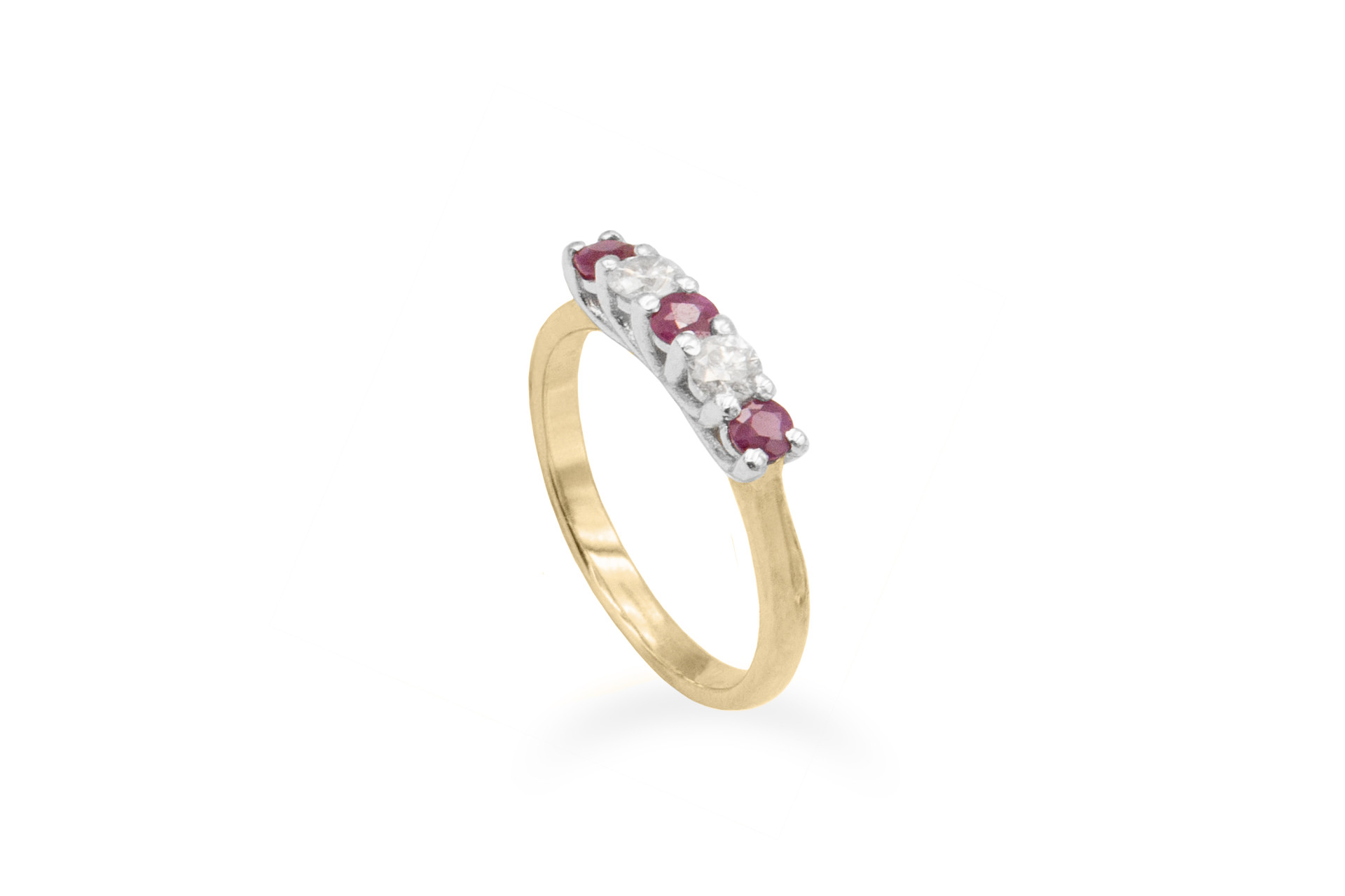 five stone ring made of yellow gold featuring natural rubies and genuine diamonds