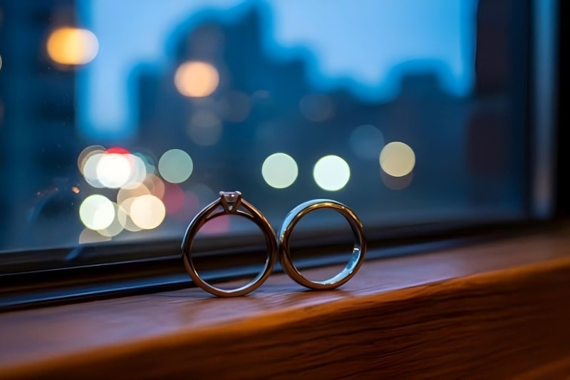 Two wedding bands resting on a wooden windowsill with a blurred city skyline and bokeh lights in the background.
