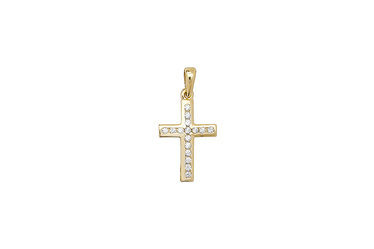 9k yellow gold pendant cross set with cubic zirconia.