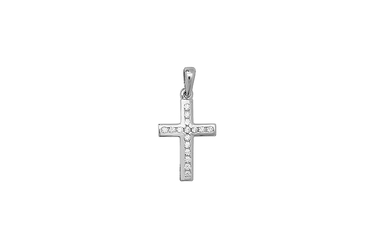 9k white gold cross pendant set with round brilliant cut cubic zirconia
