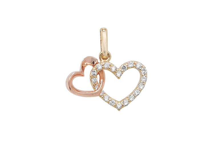 two hearts charm pendant made of yellow and rose gold set with cubic zirconia stones