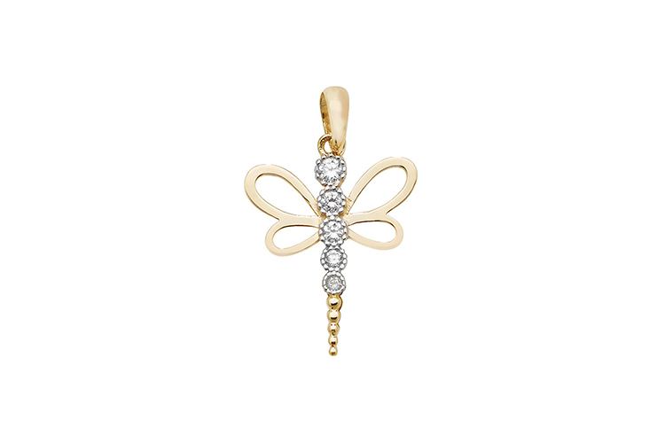 gold dragonfly pendant set with cubic zirconia stones