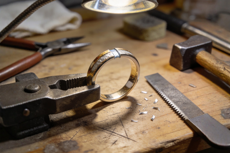 a ring being resized on a jewellers worktop